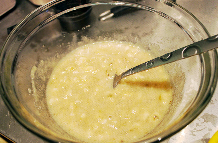 Bananas, sugar, and water mashed together with a fork, let it sit while you gather the other ingredients