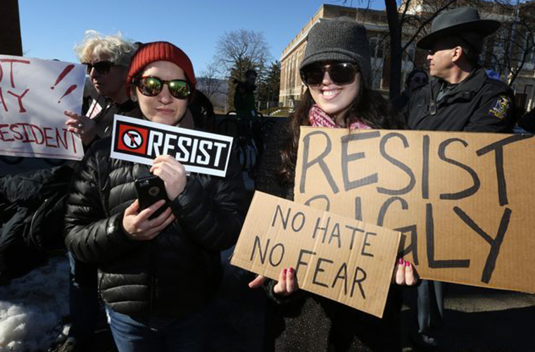 The author, right, attending a rally in New Paltz in February 2017. Photo courtesy of Poughkeepsie Journal.